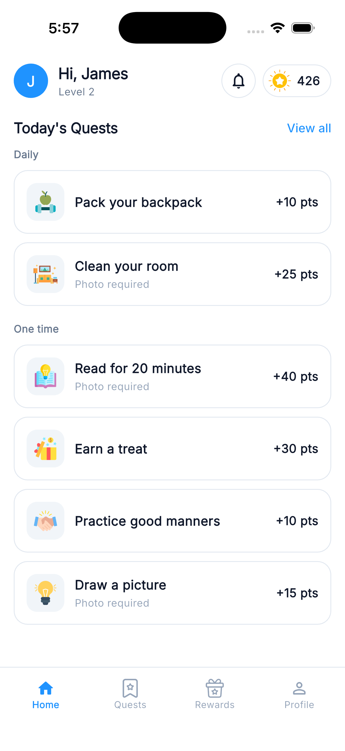 OffScreen Quest app home screen showing today's quests and points